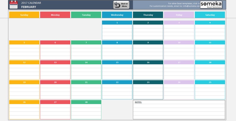 Excel Calendar Template 17 Printable Spreadsheet Template Etsy