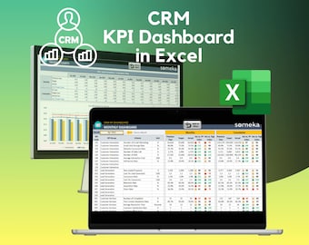 May include: A laptop and monitor displaying a CRM KPI Dashboard in Excel. The screen shows data tables and charts with the text "CRM KPI Dashboard in Excel" and the Excel logo. The background is gradient green.