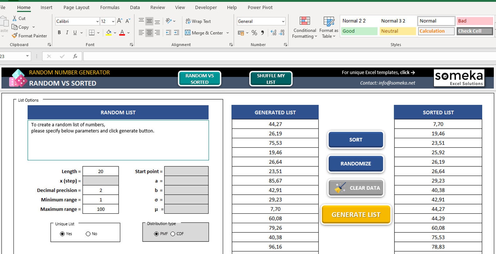 Random number generator excel template number generation etsy