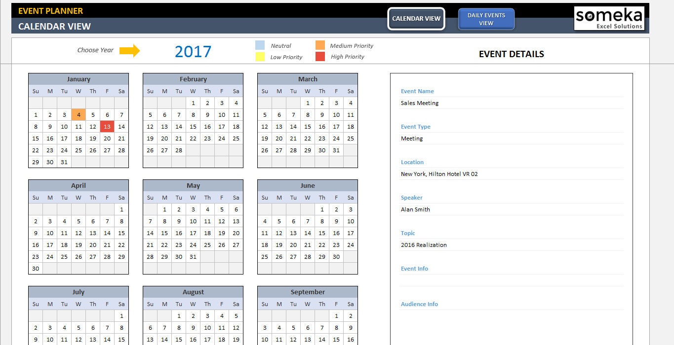 Event calendar excel template interactive excel tempate event planner  organizer event plan calendar - etsy