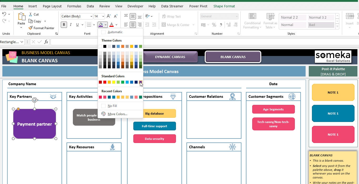 Business Model Canvas | Excel Template | Strategic Management | One ...