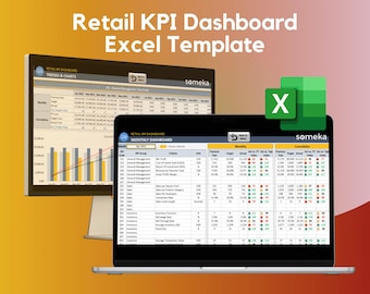 May include: A laptop and monitor display a retail KPI dashboard Excel template. The screens show data tables and charts with the text "Retail KPI Dashboard Excel Template" and the Excel logo. The laptop is silver and the background is yellow.