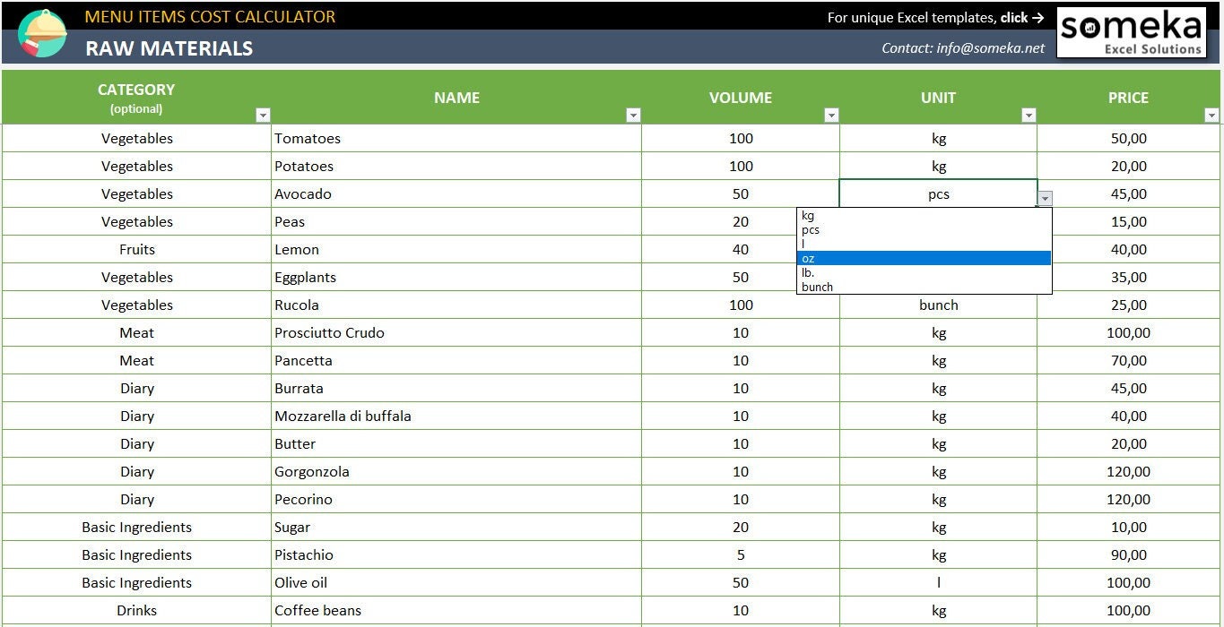 Food Cost Excel Template Excel Template Meal Items Cost Calculator 