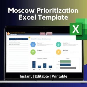 Pode incluir: Um ecrã de computador portátil que mostra um modelo de Excel de Priorização de Moscovo em verde e azul. O modelo inclui um painel, um resumo do método de priorização e uma secção de categorias de priorização. O modelo está etiquetado como "Instant | Editable | Printable".