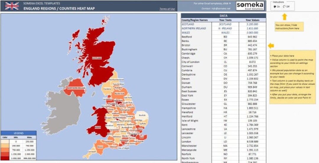 UK Geographic Heat Map Excel Template Density Map Etsy UK