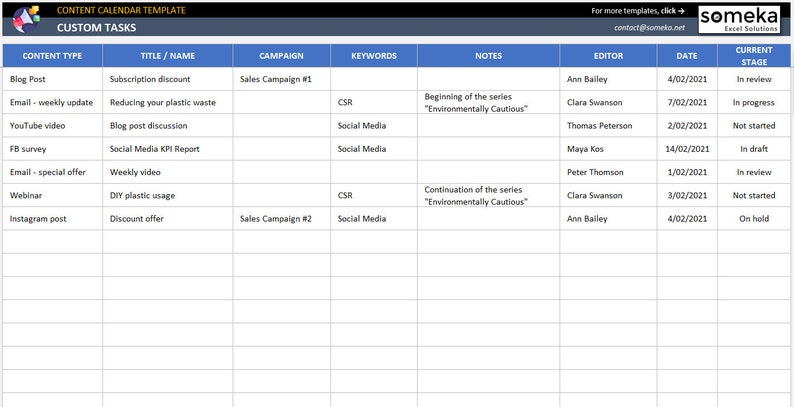 Content Calendar Excel Template Activity
