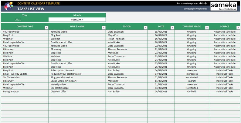 Content Calendar Template Task List View