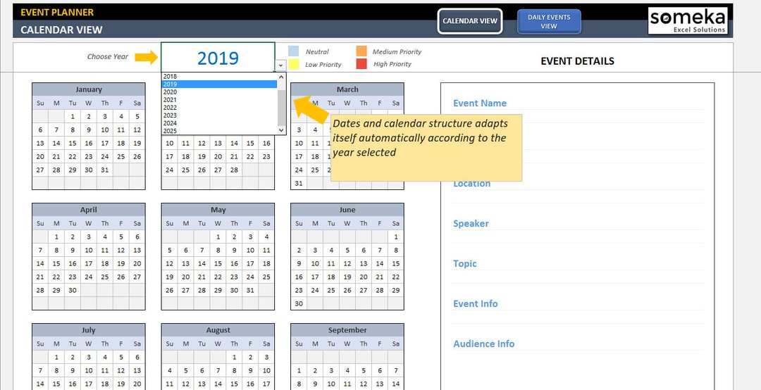 Event Calendar Excel Template | Interactive Excel Tempate | Event ...