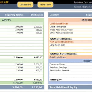 Op de afbeelding: Een balans sjabloon met kolommen voor post, beginsaldo en eindsaldo. De sheet is verdeeld in drie secties: activa, passiva en eigen vermogen. De sjabloon is ontworpen voor gebruik in Microsoft Excel.
