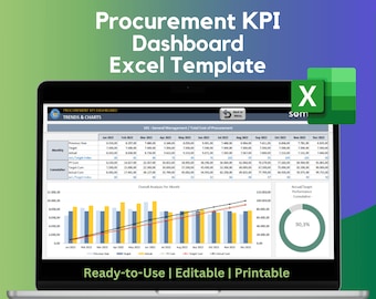 May include: A laptop screen displaying a procurement KPI dashboard Excel template. The dashboard includes charts, graphs, and tables with data for 2023. The title of the dashboard is "Procurement KPI Dashboard". The text "Ready-to-Use | Editable | Printable" is displayed at the bottom of the screen.