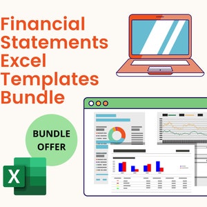 May include: An illustration of a laptop and a computer screen displaying financial charts and graphs. The image includes the text "Financial Statements Excel Templates Bundle" and a green circle with the words "Bundle Offer". Also included is the Excel logo.