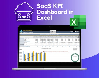 May include: A laptop screen displaying a SaaS KPI dashboard in Excel. The dashboard shows trends and charts for monthly and cumulative data. The dashboard includes a chart showing overall analysis per month and a pie chart showing actual target performance. The dashboard is titled "SaaS KPI Dashboard in Excel" and the text "someka" is visible in the bottom right corner.