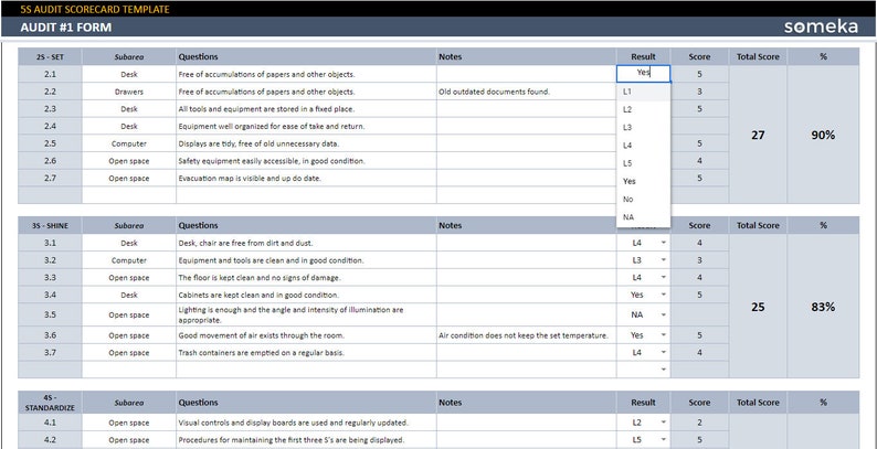 5S Audit Scorecard | Google Sheets Template | 5S Audit Checklist - Etsy