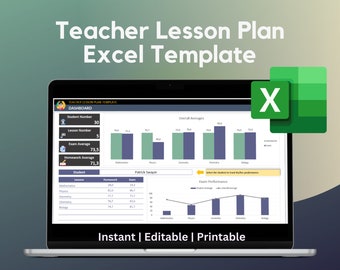 Op de afbeelding: Een laptopscherm dat een sjabloon voor een lesplan voor docenten in een Excel-spreadsheet weergeeft. De spreadsheet bevat een dashboard met het aantal leerlingen en lessen, gemiddelden voor examens en huiswerk, en algemene gemiddelden voor verschillende vakken. De spreadsheet bevat ook een grafiek die de examenprestaties voor verschillende vakken laat zien. De tekst "Instant | Editable | Printable" wordt onderaan het scherm weergegeven.