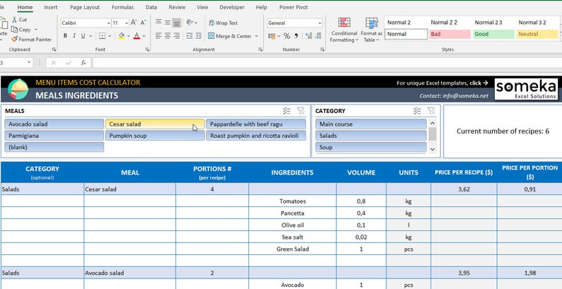 Food Cost Excel Template | Excel Template | Meal Items Cost Calculator ...