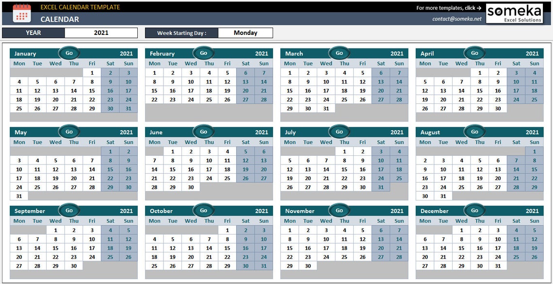 Dynamic Calendar Excel Template 2020-2030 Dynamic Spreadsheet Template