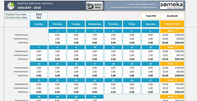 Monthly Employee Timesheet for 2018 Excel Template | Etsy