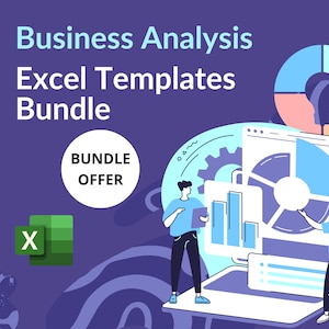 May include: An illustration promoting a business analysis Excel templates bundle. The image features a laptop displaying charts, two figures, and the text "Business Analysis Excel Templates Bundle" with a "Bundle Offer" badge and an Excel icon.