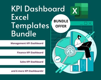 Puede incluir: Una ilustración verde y blanca de una persona sentada en un gráfico circular con un indicador KPI. El texto "KPI Dashboard Excel Templates Bundle" está en blanco sobre un fondo verde. El texto "BUNDLE OFFER" está en blanco sobre un círculo verde. Los textos "Management KPI Dashboard", "Finance KPI Dashboard", "Sales KPI Dashboard", y "and 6 more KPI Dashboards!" están en blanco sobre un fondo morado.