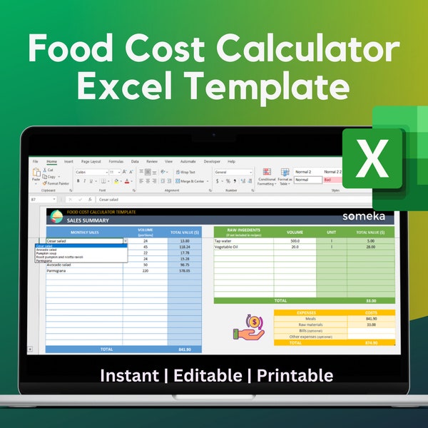 Food Cost Excel Template | Excel Template | Meal Items Cost Calculator Template | Cooking Cost | Recipe Cost Calculator