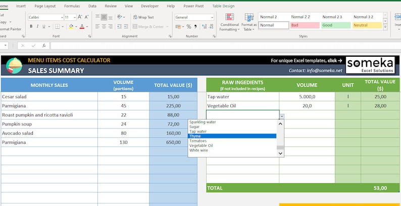 Food Cost Excel Template Excel Template Meal Items Cost Calculator