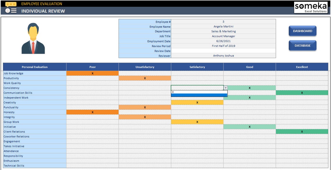 Employee Evaluation Template Excel Template Professional - Etsy