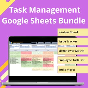 May include: A laptop computer displaying a Google Sheets spreadsheet with a task management template. The spreadsheet is titled "Kanban Board Template" and includes columns for "Backlog", "Research", "In Progress", "Done", and "DBA". The image also includes text that reads "Task Management Google Sheets Bundle", "Kanban Board", "Issue Tracker", "Eisenhower Matrix", "Employee Task List", and "and 5 more!"