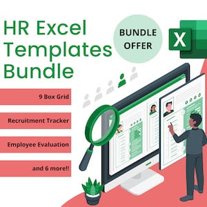 May include: An illustration promoting an HR Excel Templates Bundle. The image features a computer screen displaying recruitment tracker and employee evaluation forms. Text includes "HR Excel Templates Bundle," "9 Box Grid," and "Recruitment Tracker."