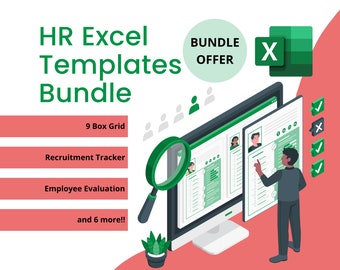 Puede incluir: Ilustración que promociona un paquete de plantillas de Excel de RRHH. La imagen presenta una pantalla de ordenador que muestra formularios de seguimiento de contratación y evaluación de empleados. El texto incluye "HR Excel Templates Bundle", "9 Box Grid" y "Recruitment Tracker."