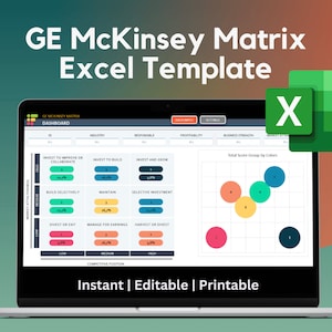 Può includere: Un laptop mostra un modello Excel della matrice GE McKinsey. Lo schermo mostra grafici e tabelle di analisi dei dati. L'immagine include il logo di Excel e il testo "Instant | Editable | Printable".