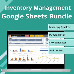 Puede incluir: Una pantalla de portátil muestra un panel de control de gestión de inventario de Google Sheets. La pantalla muestra gráficos y tablas de datos. El texto en la pantalla incluye "Inventory Tracker", "PO Generator" y "SKU Generator". El fondo es verde azulado con acentos blancos.