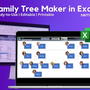 Peut inclure: L'écran d'un ordinateur portable affichant un modèle de créateur d'arbre généalogique dans Microsoft Excel. Le modèle comprend un tableau avec des cases et des lignes les reliant, représentant les membres de la famille. Chaque case contient une photo d'une personne et son nom. Le modèle est intitulé "Family Tree Maker" et provient de la société "someka".