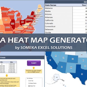Puede incluir: Un generador de mapa de calor de EE. UU. de Someka Excel Solutions. La imagen muestra un mapa de los Estados Unidos con estados codificados por colores. La paleta de colores se muestra a la izquierda, con un rango de valores de 0 a 10 000 000. La tabla de datos de la derecha muestra los nombres de los estados, las abreviaturas y los valores.