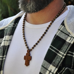 Handmade Wenge Wood Orthodox Cross Necklace: Christian Men&#39;s Jewelry