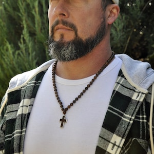 Holy Land Olive Wood Cross Necklace: Men&#39;s Christian Orthodox Beads