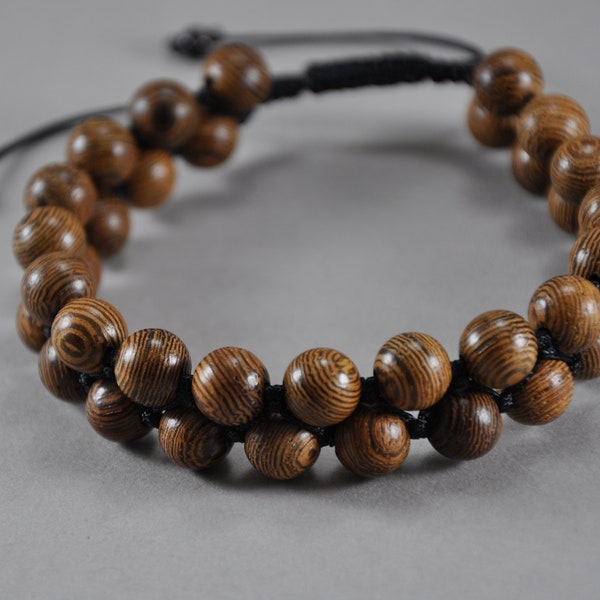 Double bracelet Shamballa en bois de wengé. Look cher. Bracelet de perles, bracelet pour homme, bracelet en bois, bracelet énergétique