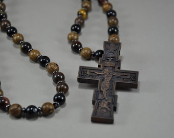 Runmeihe Collana rosario croce cattolica, perline di preghiera in legno naturale con croce medaglia Gesù Cristo San Benedetto, per i cristiani cattolici Comunione religiosa, Battesimo, Messa, Bibbia