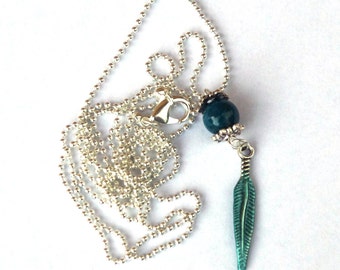 Leaf pendant, Apatite necklace, Gemstone necklace, long necklace, silver necklace, leaf jewelry, apatite jewelry, gifts for women