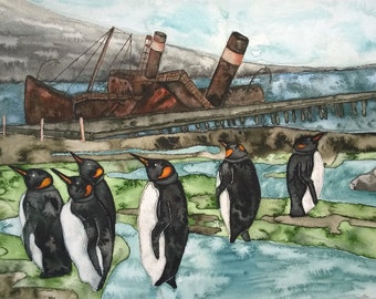 Oily Birds, Original Watercolor Painting 13x20&quot;