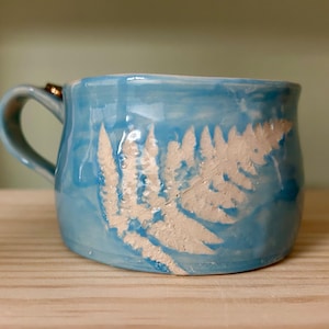 Handthrown Stoneware Mug, Fern Imprinted, Botanical pottery