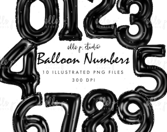 Illustrated Black Foil Balloon Numbers/Clipart Bundle / NOT A FONT:These are illustrated numbers&PNG Files