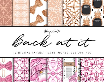 May include: Twelve digital papers in a pink and rose gold color scheme. The papers feature various patterns, including polka dots, bows, pineapples, and floral designs. The papers are 12 inches by 12 inches and 300 DPI.