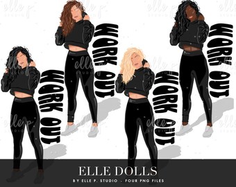 NEW Work Out Elle Dolls / Girl Clipart/ Girl Illustration/Planner Icon / Fashion Girl Clipart - 4 Elle Dolls Included!