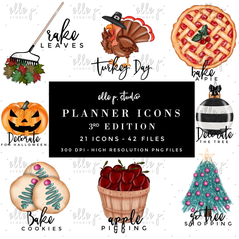 Puede incluir: Un conjunto de 21 iconos de planificador para las fiestas de oto&ntilde;o e invierno. Los iconos incluyen un pavo, una calabaza, un pastel, un &aacute;rbol de Navidad y m&aacute;s. Los iconos est&aacute;n en un estilo de acuarela y son perfectos para agregar un toque de fantas&iacute;a a tu planificador.