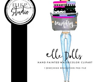 Laundry Day Clip Art/ AKA. ELLE P. Doll illustrated / Fashion Clip art /Girl Clip art