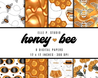Honey Bee Paper Patterns / Digital Scrapbook Paper / Illustrated Paper / Honey Bee Digital Paper Set / Wallpaper/Backdrop - Not Seamless
