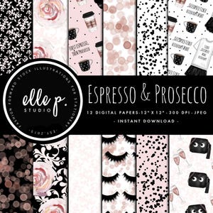 Eerst Espresso dan Prosecco Digital Paper Set / Digital Scrapbook Paper / Illustrated Paper / Fashion Paper - Niet naadloos