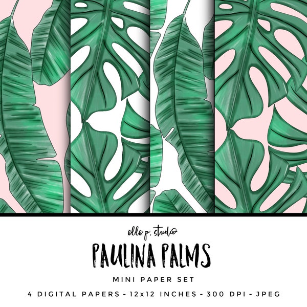 Paulina Palms Digital Paper Set / Digital Scrapbook Paper / Illustrated Paper / Palm Leaf Paper / Wallpaper/Backdrop - Not Seamless