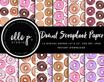 Donut Scrapbook Digital Paper Set / Digitales Scrapbook Papier / Illustriertes Papier / Donut Papier / Donut Tapete / Donut Muster/ Prints