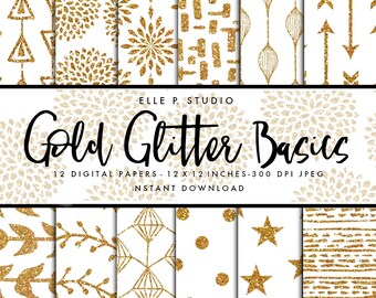 Gold Glitter Scrapbook Digital Paper Set / Digital Scrapbook Paper / Gold Prints / Gold Wallpaper/ Gold Glitter Patterns